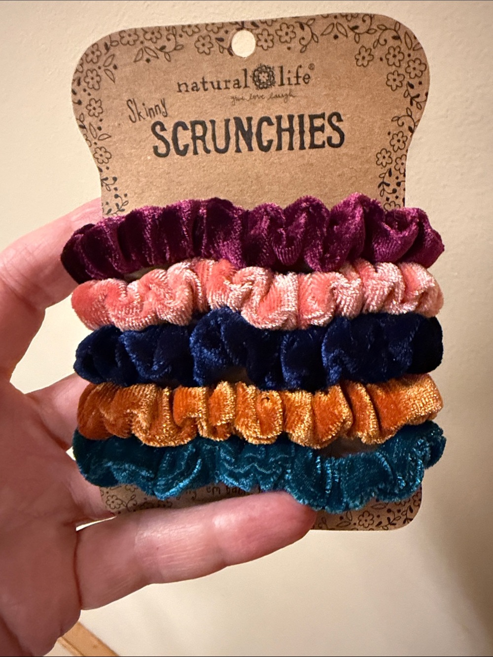 NATURAL LIFE Velvet Skinny Scrunchie Set - Plum, Coral, Navy, Amber, Teal